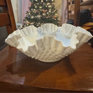 Vintage Fenton Glass Large Serving Bowl Hobnail Milk Glass Crimped 11 1/2"